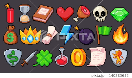 Pixel art game collection of arcade item icons 140283632