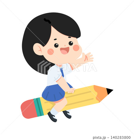 School Girl Riding a Giant Pencil Illustration School Girl Riding a Giant Pencil Illustration 140283800