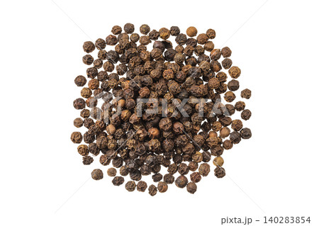 Black peppercorns or pepper isolated on a white background. Top view. Flat lay Black peppercorns or pepper isolated on a white background. Top view. Flat lay 140283854