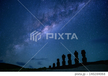 Majestic moai silhouette on easter island chile under peaceful star filled night sky Majestic moai silhouette on easter island chile under peaceful star filled night sky 140284068