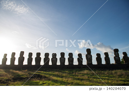 Peaceful majestic moai statue silhouette stands on easter island chile 140284070