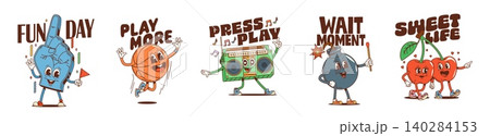 Cartoon y2k groovy funky summer character stickers and retro patches. Foam finger fan, basketball ball, boombox, bomb and pair of smiling cherries evoking fun summer vibes nostalgia and upbeat energy 140284153