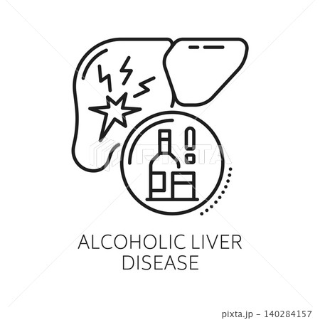 Chronic alcoholic liver disease and therapy, medical line icon. Liver disease line vector pictogram, gastrointestinal problem sign. Human organ health icon with alcohol drink bottle and damage pain Chronic alcoholic liver disease and therapy, medical line icon. Liver disease line vector pictogram, gastrointestinal problem sign. Human organ health icon with alcohol drink bottle and damage pain 140284157