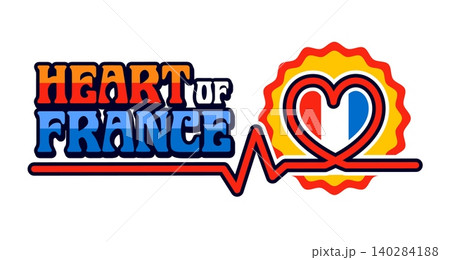 France heart vintage Y2K sticker or symbol. France travel souvenir retro vector patch, Europe country culture vintage label. European nation tourism Y2K tag with heartbeat pulse line and typography 140284188