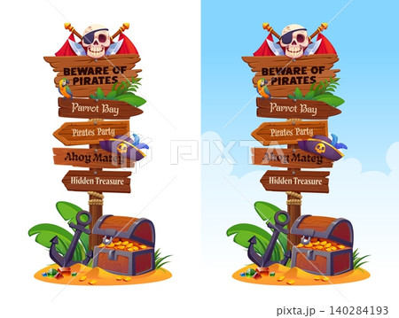 Wooden pirate signboard, corsair sign board signages with cartoon treasure chest, skull and captain hat. Old wood signpost at beach with beware of pirates, parrot bay and hidden treasure signboards Wooden pirate signboard, corsair sign board signages with cartoon treasure chest, skull and captain hat. Old wood signpost at beach with beware of pirates, parrot bay and hidden treasure signboards 140284193