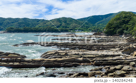 高知県・竜串海岸の奇岩群と山並みを望む海岸風景 高知県・竜串海岸の奇岩群と山並みを望む海岸風景 140284248