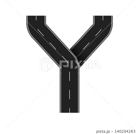 Capital letter Y designed as an asphalt road. Black English alphabet letter features realistic dark surface with white dashed lane markings that follow the shape of the letter. Alphabet for posters 140284263