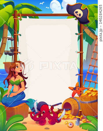 Pirate banner with mermaid, cartoon octopus and starfish corsairs, gold coins, barrel, compass and pirate hat. Blank sail canvas with palm trees on tropical island for kids party invitations 140284265
