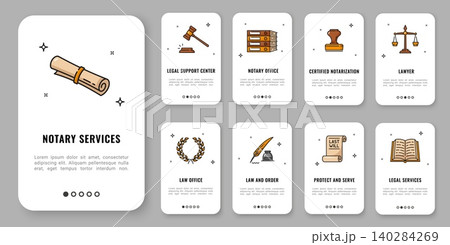 Notary service and last will mobile app onboarding screen, law office and legal support line icons. Outline symbols of gavel, stamp, scales, feather, last will scroll and law book for legal app UI Notary service and last will mobile app onboarding screen, law office and legal support line icons. Outline symbols of gavel, stamp, scales, feather, last will scroll and law book for legal app UI 140284269