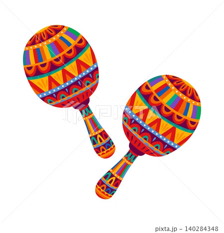 Mexican holiday colorful maraca musical instrument. Hispanic culture maraca, Mexican festival folk isolated vector music instrument. Cuba holiday maracas decoration with geometric colorful patterns Mexican holiday colorful maraca musical instrument. Hispanic culture maraca, Mexican festival folk isolated vector music instrument. Cuba holiday maracas decoration with geometric colorful patterns 140284348