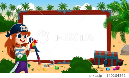 Cartoon funny girl pirate with parrot and signboard frame on tropical caribbean island. Cute little pirate girl in bandana, playing with parrot bird, treasure chest and palms on beach, wooden frame 140284361
