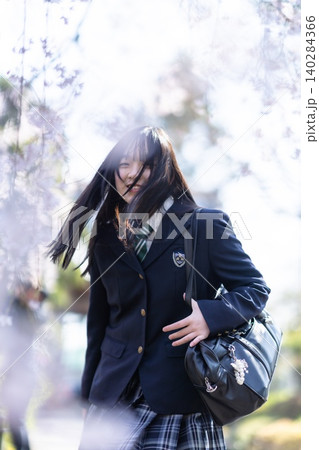 桜舞う通学路をスクールバッグを持って歩く女子高生 桜舞う通学路をスクールバッグを持って歩く女子高生 140284366