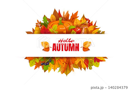 Hello autumn banner with fall season leaves, Thanksgiving harvest and berries. October holiday vector flyer, autumn greeting card. Thanksgiving banner with pumpkin, corn cob, mushroom, apple and pear 140284379