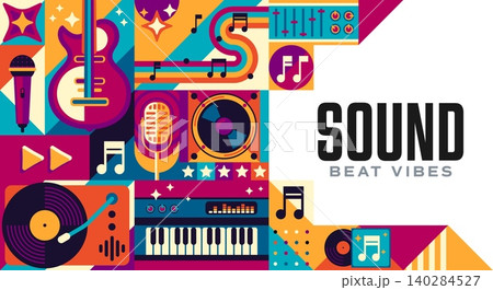 Music sound mosaic banner with geometric pattern background of musical instruments. Music geometric pattern of guitar, synthesizer, vinyl record player and music notes with microphone and loudspeaker Music sound mosaic banner with geometric pattern background of musical instruments. Music geometric pattern of guitar, synthesizer, vinyl record player and music notes with microphone and loudspeaker 140284527