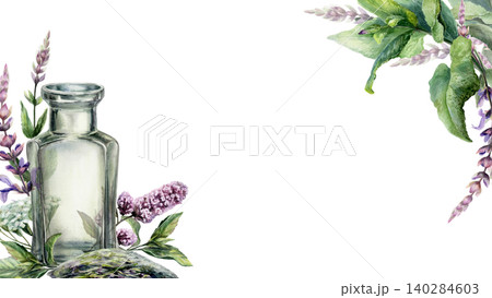 Watercolor herbal tea banner template with glass bottle, mint, sage and yarrow flowers. Botanical border illustration with copyspace for organic food menu, wellness and herbalist branding Watercolor herbal tea banner template with glass bottle, mint, sage and yarrow flowers. Botanical border illustration with copyspace for organic food menu, wellness and herbalist branding 140284603