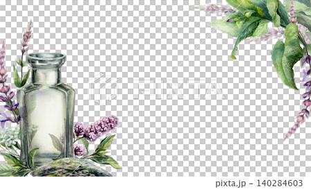 Watercolor herbal tea banner template with glass bottle, mint, sage and yarrow flowers. Botanical border illustration with copyspace for organic food menu, wellness and herbalist branding Watercolor herbal tea banner template with glass bottle, mint, sage and yarrow flowers. Botanical border illustration with copyspace for organic food menu, wellness and herbalist branding 140284603