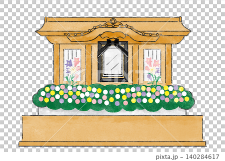 日本葬禮:一幅姿態柔和的祭壇插圖。 日本葬禮:一幅姿態柔和的祭壇插圖。 140284617