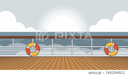 Empty Cruise Ship Deck with Sunset and Lifebuoys Empty Cruise Ship Deck with Sunset and Lifebuoys 140284922