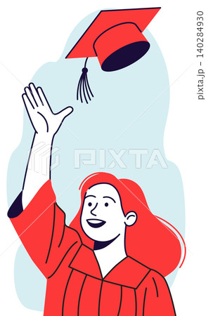 Graduate Catching Red Cap in Red Gown 140284930