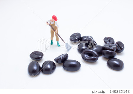 a Miniature worker sorting dark beans 140285148