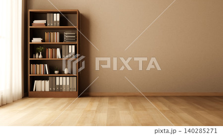 Wooden bookshelf with file folders on parquet floor in corner beside window in living room or office 140285271