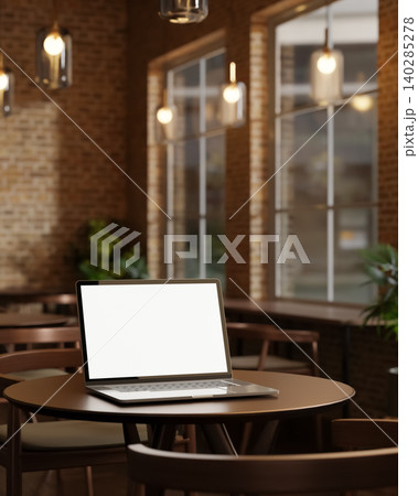 White screen laptop on round wooden table under glass lamp in bricks wall room at cafe or restaurant White screen laptop on round wooden table under glass lamp in bricks wall room at cafe or restaurant 140285278