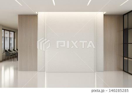 Empty white wall with wooden slats over shiny floor in corridor at lobby or entrance of the building Empty white wall with wooden slats over shiny floor in corridor at lobby or entrance of the building 140285285