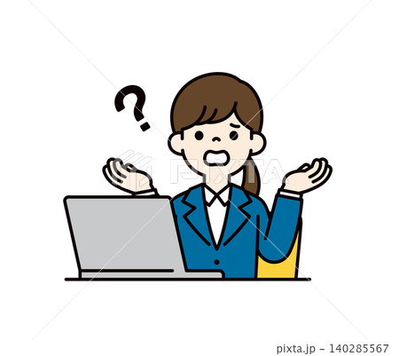 ノートパソコンの前で困ってお手上げのポーズをとる、就職活動をする女性のベクターイラスト素材 ノートパソコンの前で困ってお手上げのポーズをとる、就職活動をする女性のベクターイラスト素材 140285567