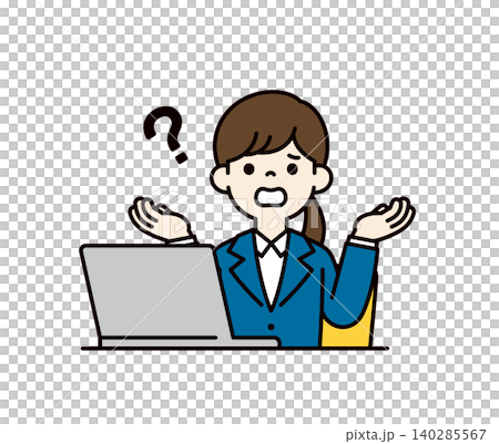 ノートパソコンの前で困ってお手上げのポーズをとる、就職活動をする女性のベクターイラスト素材 ノートパソコンの前で困ってお手上げのポーズをとる、就職活動をする女性のベクターイラスト素材 140285567