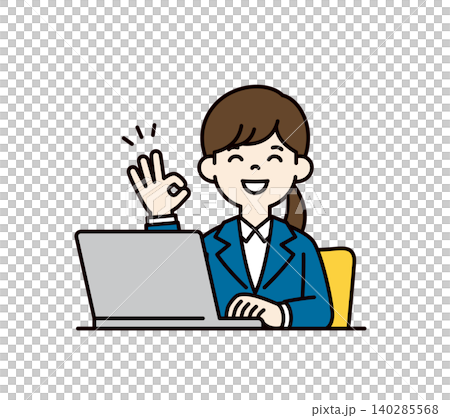 コンピューターの前でOKのサインをする、就職活動をするスーツ姿の女性のベクターイラスト素材 コンピューターの前でOKのサインをする、就職活動をするスーツ姿の女性のベクターイラスト素材 140285568