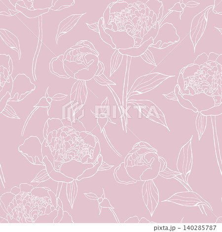 Seamless Pattern With White Peony Flowers, Buds And Leaves On Soft Pink Background. Minimalist Vector Illustration. Elegant Botanical Aesthetic Line Art Wallpaper For Textile And Branding. 140285787
