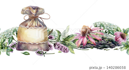 Burlap sack with dry herbs, mint, yarrow, echinacea and thyme seamless border. Vintage botanical watercolor ribbon pattern for retro apothecary menu, organic herbal tea box and pharmacy packaging 140286038