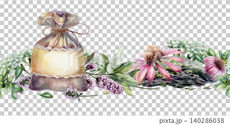 Burlap sack with dry herbs, mint, yarrow, echinacea and thyme seamless border. Vintage botanical watercolor ribbon pattern for retro apothecary menu, organic herbal tea box and pharmacy packaging 140286038