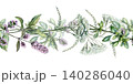 Mint, yarrow and thyme seamless border watercolor illustration. Elegant floral edge template with medicinal herbs for pharmacy banner decoration, web header and organic cosmetic packaging design 140286040