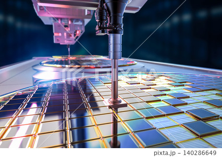 Robotic arms with silicon wafers for semiconductor manufacturing 140286649