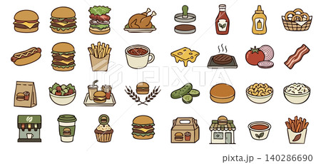 Fast food and burger vector icon set. Colorful illustrations of cheeseburgers, hot dog, french fries, chicken and ingredients. Flat line art design 140286690