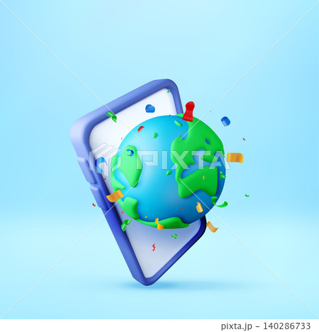 3d smartphone with floating globe and confetti. 140286733