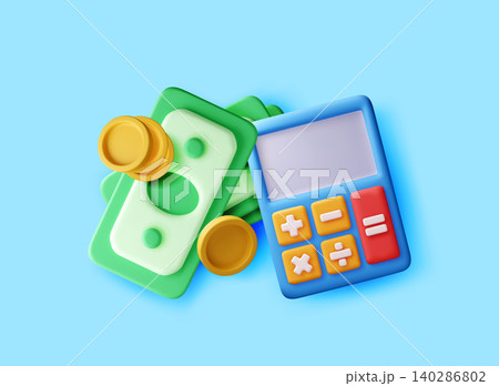 3D Calculator with bank banknote and gold coin. 3D Calculator with bank banknote and gold coin. 140286802