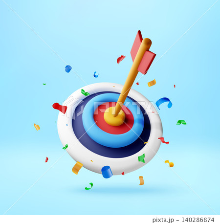 3D Arrow hitting center of target with confetti 140286874