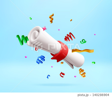 3D diploma with ribbon and colorful confetti 3D diploma with ribbon and colorful confetti 140286904