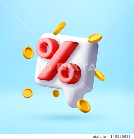 Percentage sign on 3d speech bubble with coins 140286931