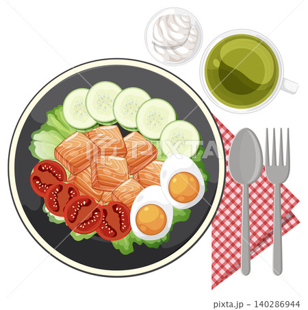 Salmon Salad Plate with Eggs, Vegetables, and Green Tea Salmon Salad Plate with Eggs, Vegetables, and Green Tea 140286944