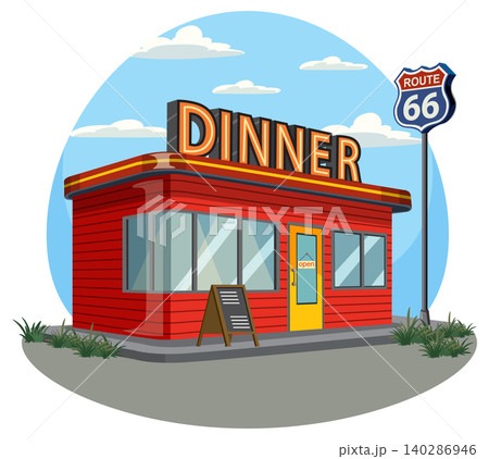 Retro Route 66 Diner with Neon Sign Illustration 140286946