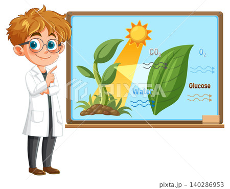 Young Scientist Explains Photosynthesis on Classroom Whiteboard 140286953