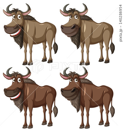 Cartoon Wildebeest Characters with Varied Expressions on White 140286954