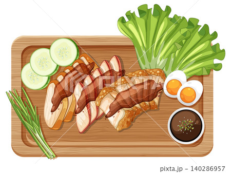 Sliced Chicken Breast with Vegetables and Eggs on Wooden Board 140286957