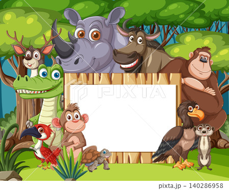 Cartoon Jungle Animals Surrounding Wooden Blank Sign in Forest Cartoon Jungle Animals Surrounding Wooden Blank Sign in Forest 140286958