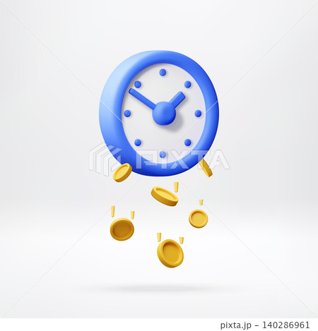 3D Blue clock with falling gold coins. 3D Blue clock with falling gold coins. 140286961