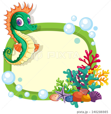 Cartoon Seahorse with Coral Reef Border and Bubbles Cartoon Seahorse with Coral Reef Border and Bubbles 140286985