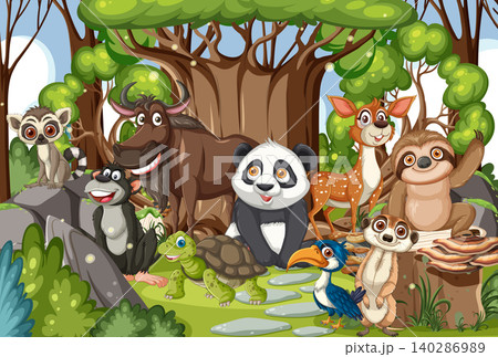 Cartoon Wild Animals Gathering in Forest Clearing Cartoon Wild Animals Gathering in Forest Clearing 140286989
